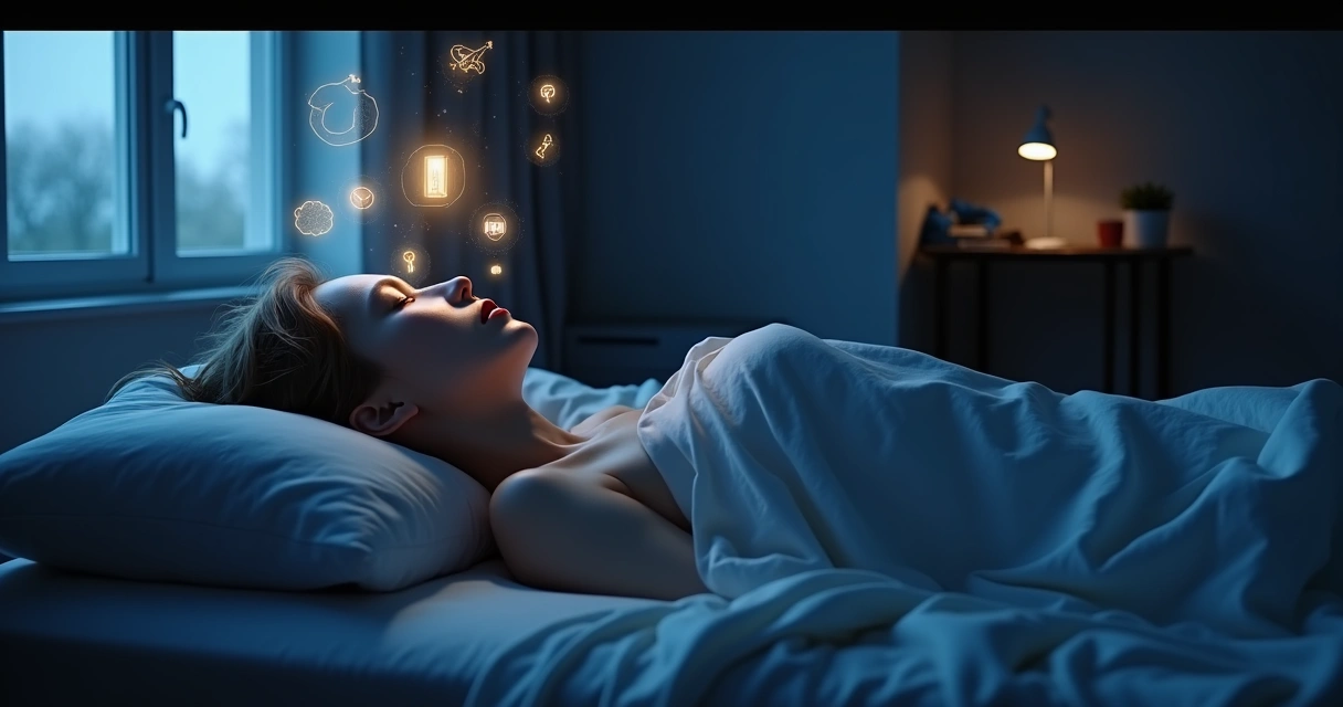Pessoa deitada em cama escura com silhueta iluminada e símbolos de sonhos flutuando 