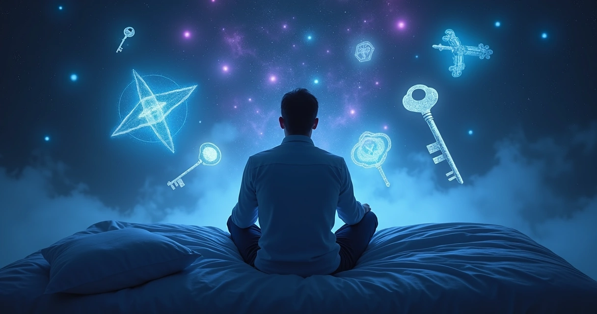 Homem sentado na cama à noite, cercado por imagens oníricas abstratas e cores azuladas 