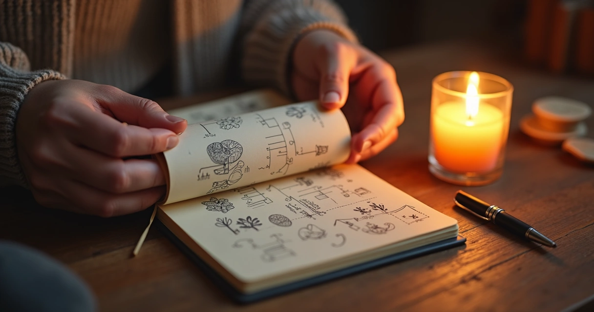 Mãos folheando um diário de sonhos cheio de símbolos desenhados