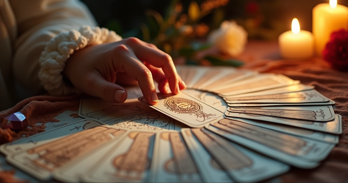 Mesa de tarot com cartas espalhadas e luz suave dourada 