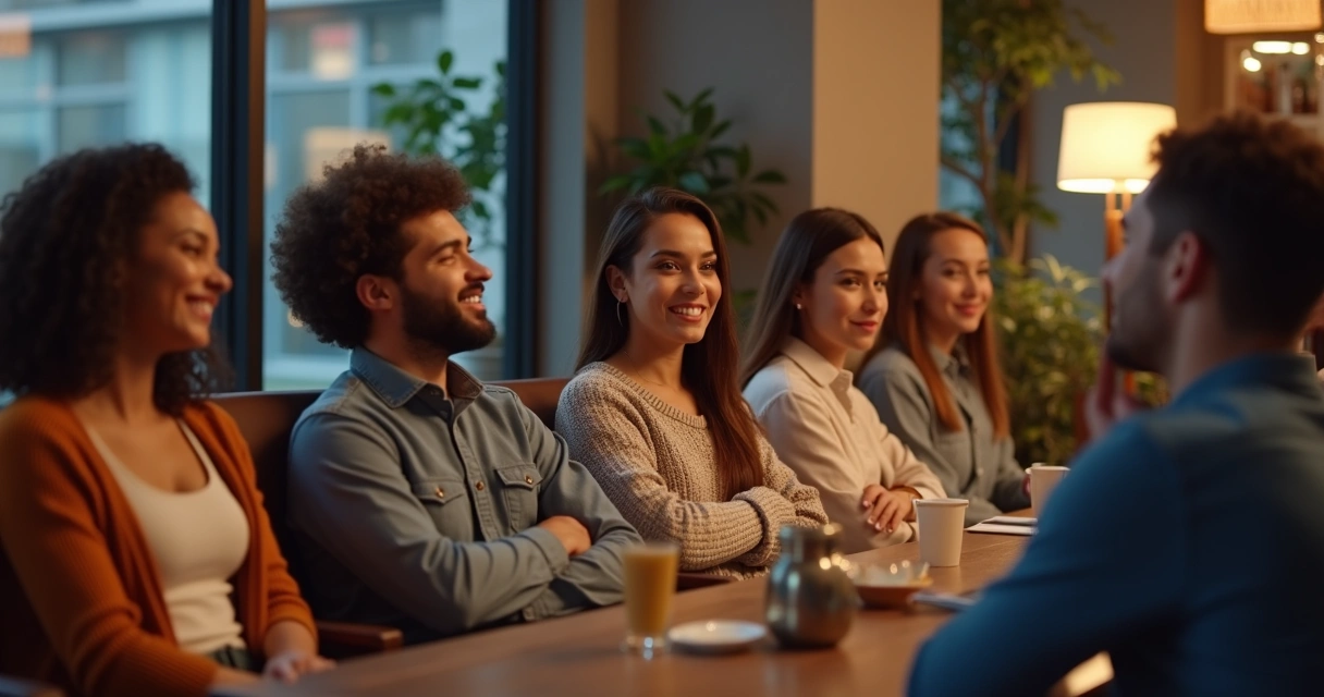 Grupo de personas en conversación interpretando emociones distintas 
