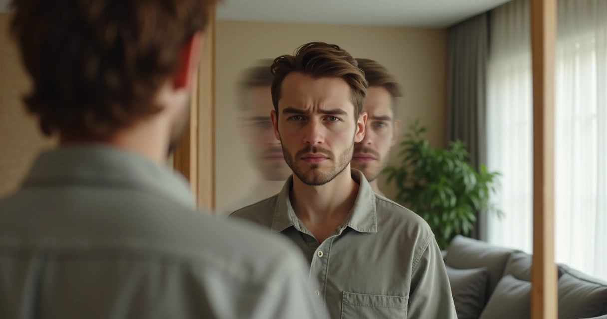 Persona observando su reflejo con múltiples expresiones emocionales superpuestas 