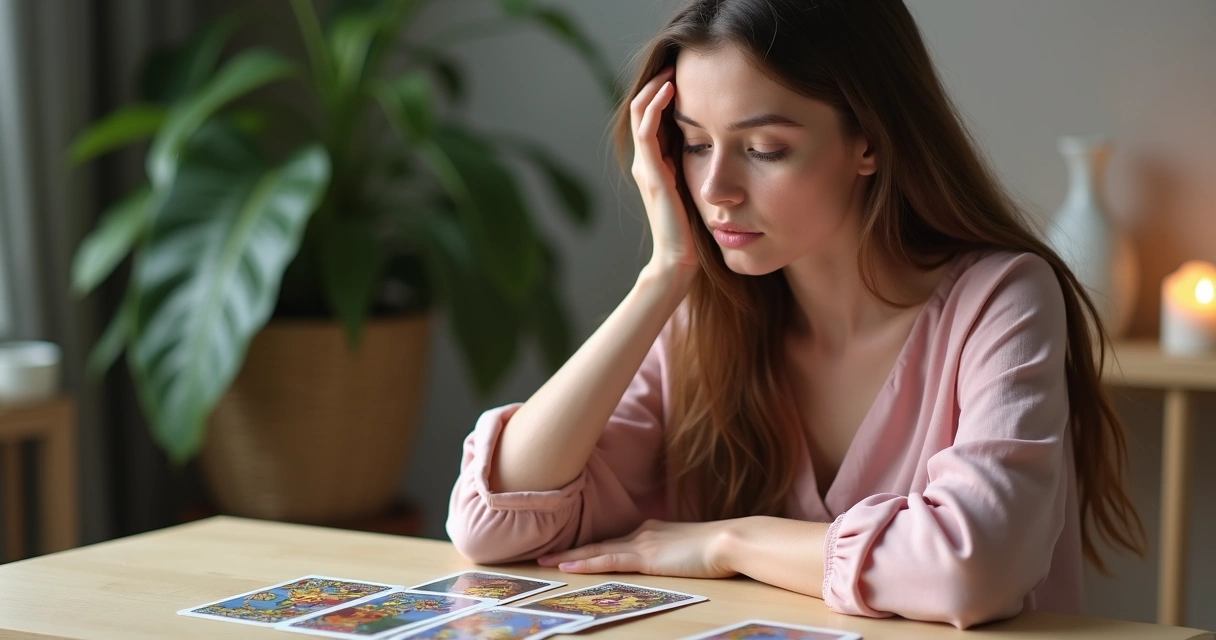 Mulher jovem olhando atentamente para cartas de tarot em sua frente 