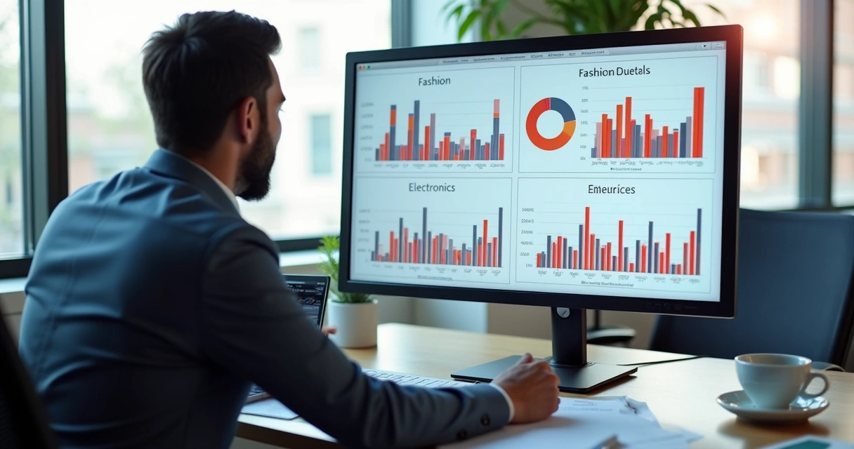 Pessoa analisando diferentes gráficos de métricas de ROAS de vários setores em uma tela 