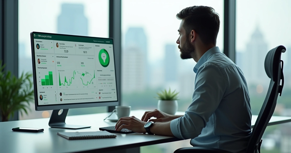Profissional analisando gráficos de saída em grupos do WhatsApp na tela do laptop 