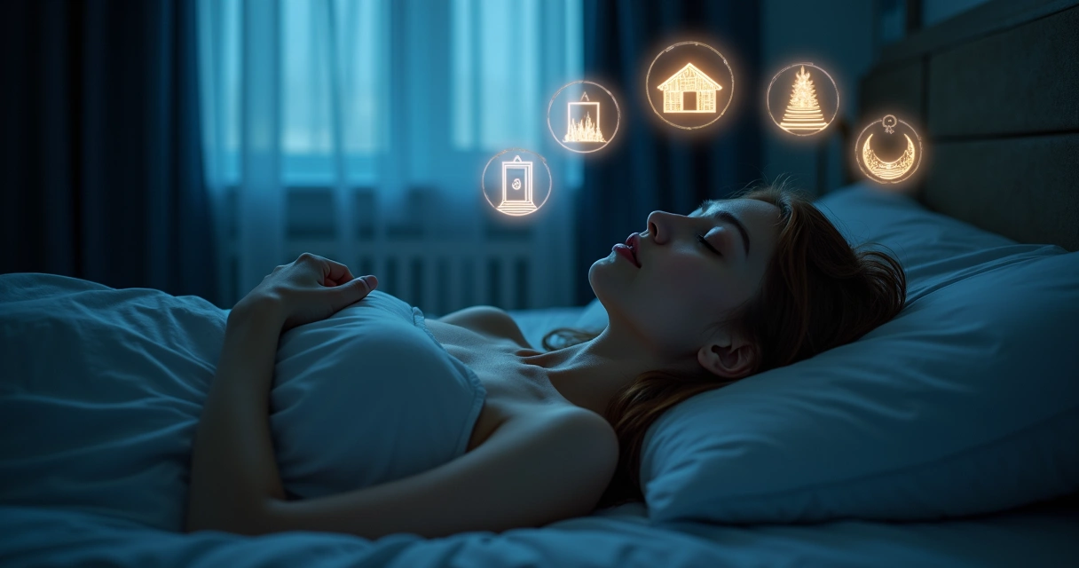 Mulher deitada em cama com sonhos repetidos projetados como símbolos ao redor da cabeça 