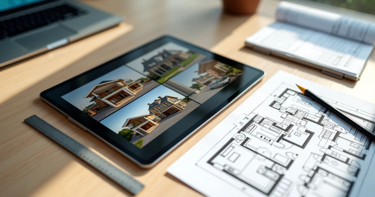 Mesa com tablet exibindo fotos de imóvel e planta baixa impressa ao lado 