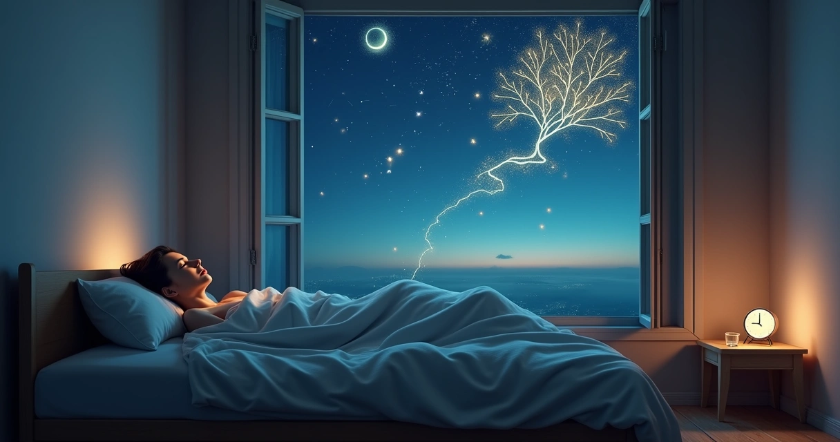 Pessoa deitada em cama com silhuetas de sonhos projetadas no céu noturno 