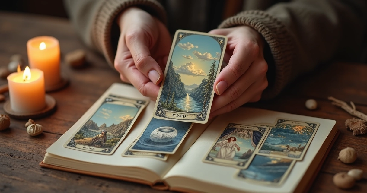 Pessoa consultando cartas Lenormand no ambiente tranquilo, segurando carta das Nuvens 