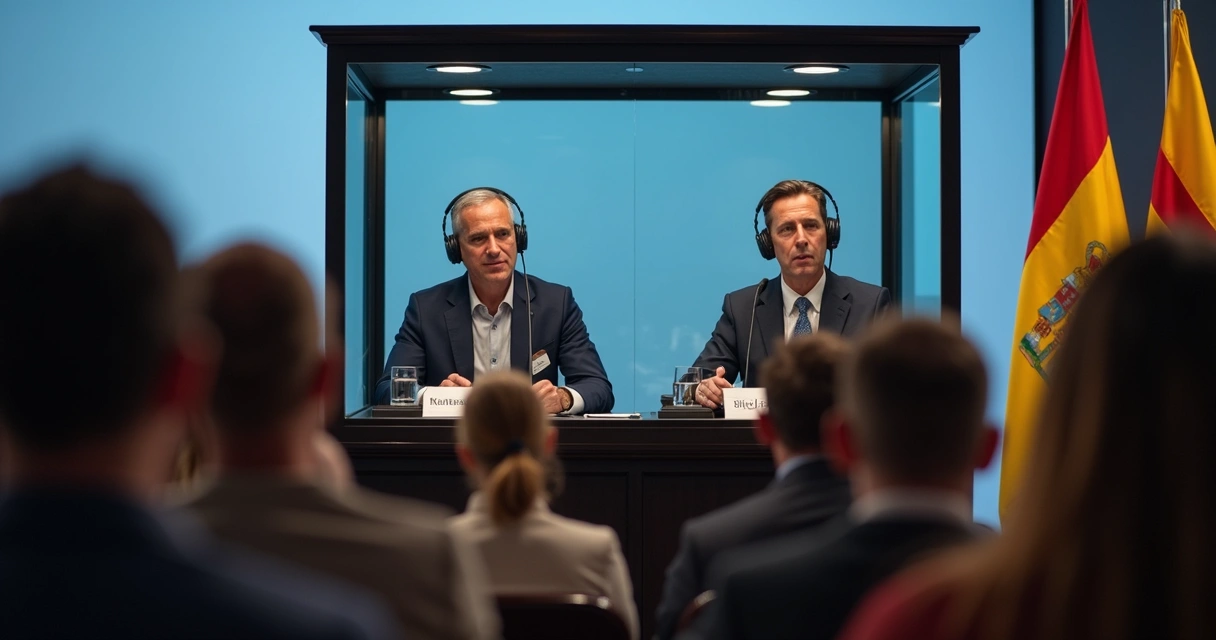 Intérpretes em cabine traduzindo reuniões para o espanhol 