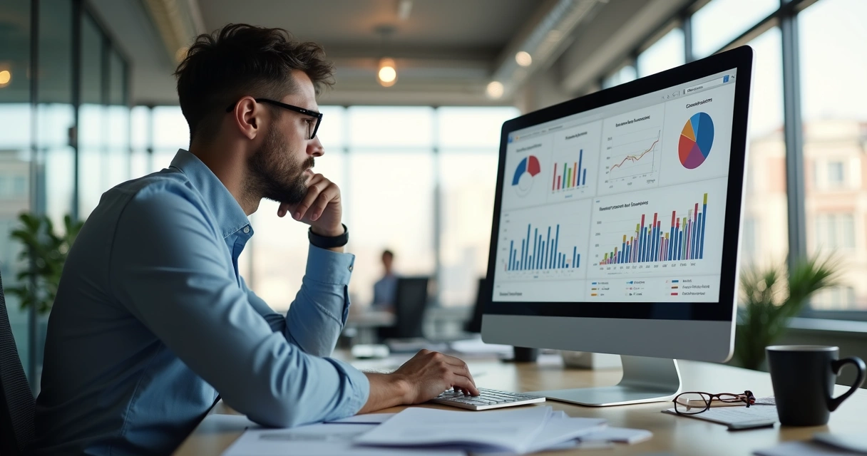 Pessoa analisando gráficos e feedbacks em tela de computador com expressão confusa, ambiente de escritório moderno com papéis e café na mesa 