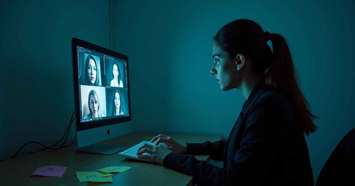 Ambiente de interrogatório com mulher concentrada em vídeos, anotações ao redor e luz suave.