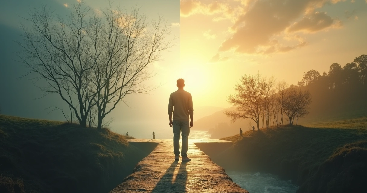 Pessoa em pé em uma ponte luminosa entre duas paisagens opostas 