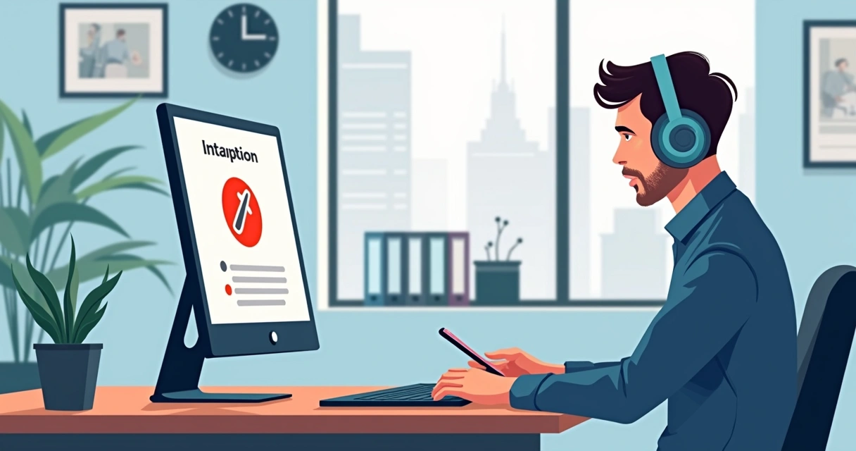 Alerta de interrupção no computador durante trabalho concentrado.