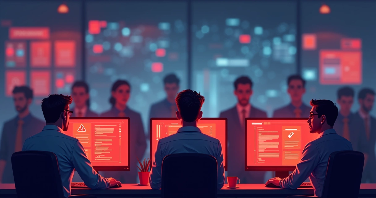 Equipe de TI preocupada em frente a monitores de sistemas em pane 