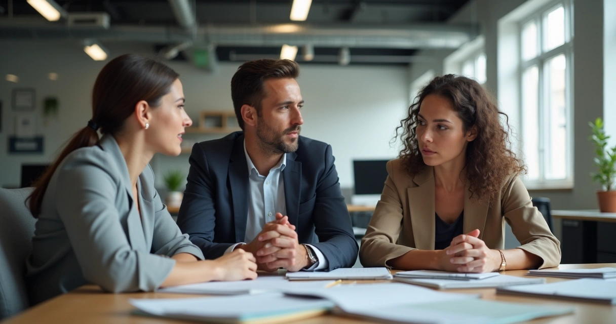Coworkers interrupted mid-conversation in an office