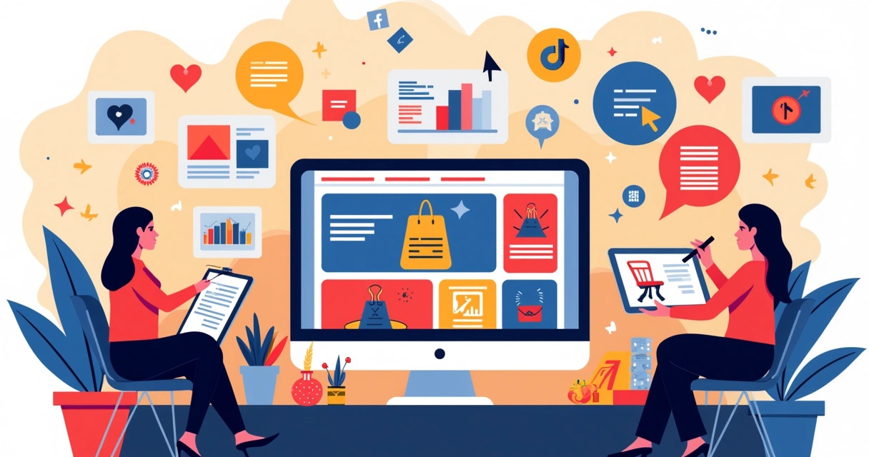 Ilustração da interseção entre design, marketing e comunicação em um ambiente de e-commerce vibrante.