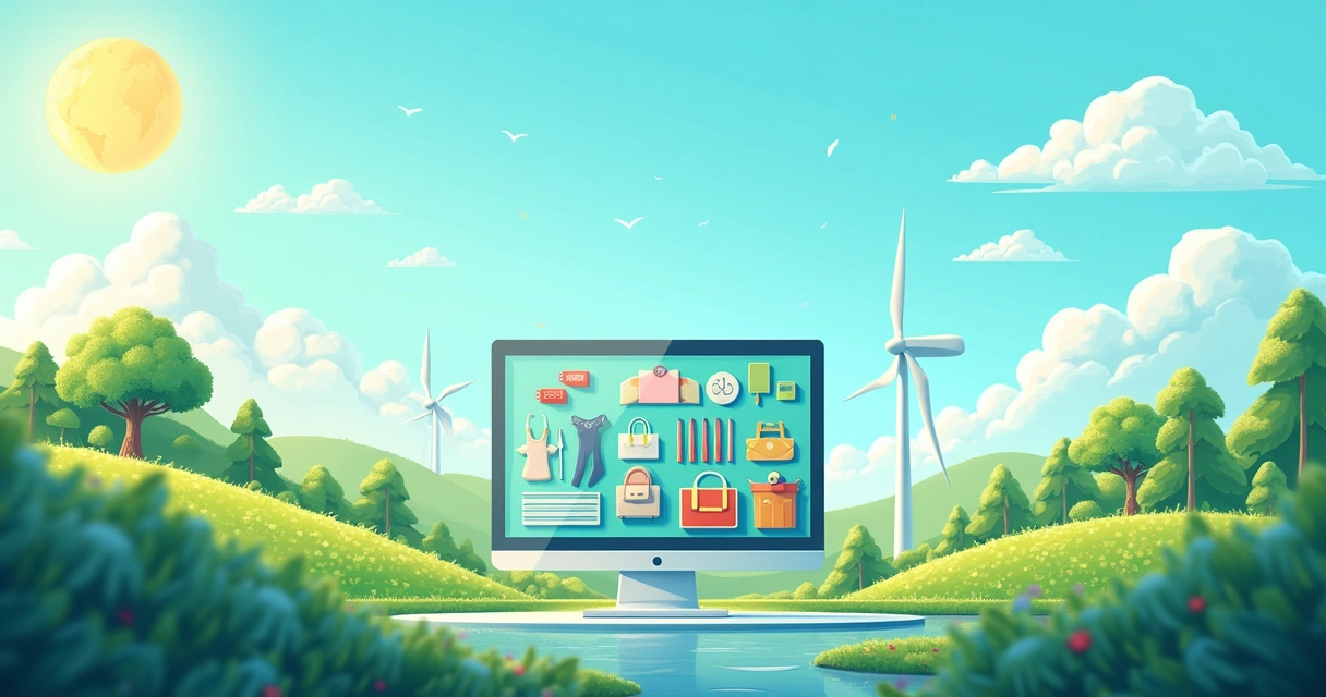 Loja virtual sustentável com produtos ecológicos, painel solar e caminhão verde em um cenário tecnológico.