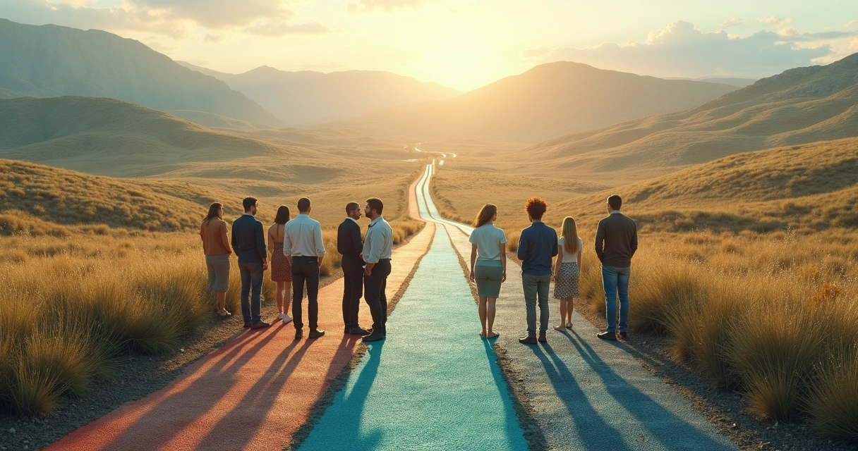 A group of people at a crossroads with different paths 