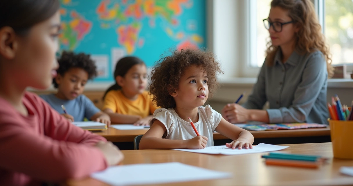Criança desenhando em grupo em sala de aula com professora ao lado