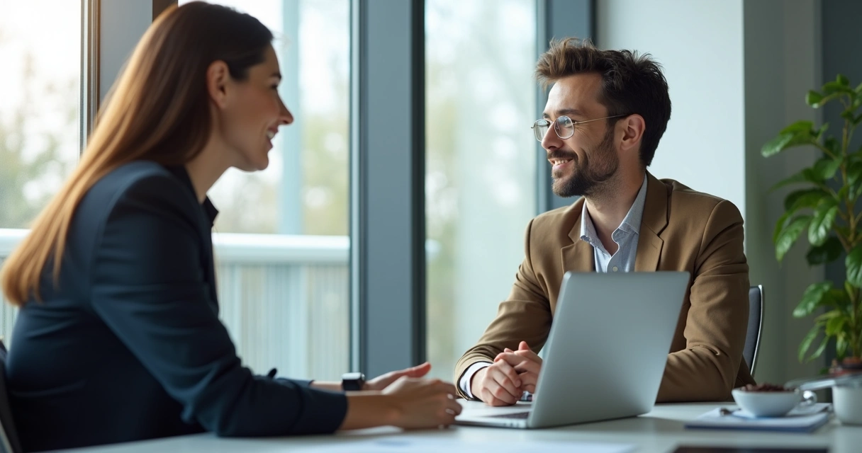 Gestor conversando individualmente com colaborador em escritório 