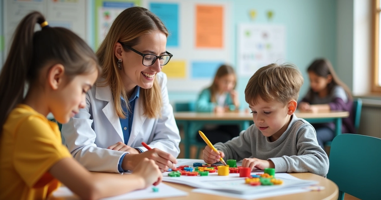 Menino e profissionais em atividade terapêutica escolar