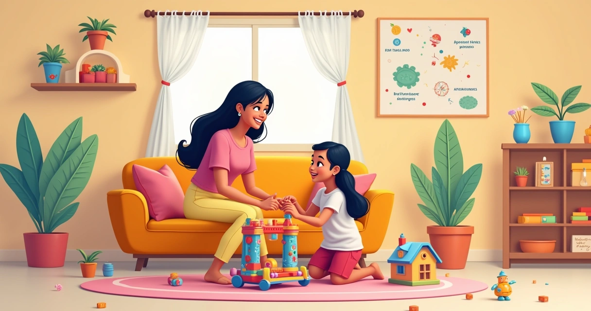 Um ambiente acolhedor com mãe e criança interagindo com brinquedos educativos e rotina visível.
