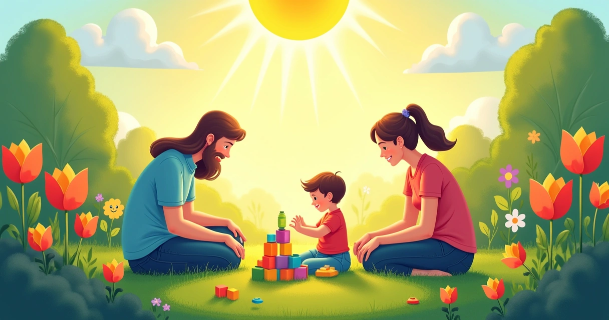 Ilustração de uma criança brincando com blocos em um jardim ensolarado, representando intervenção precoce para autismo.