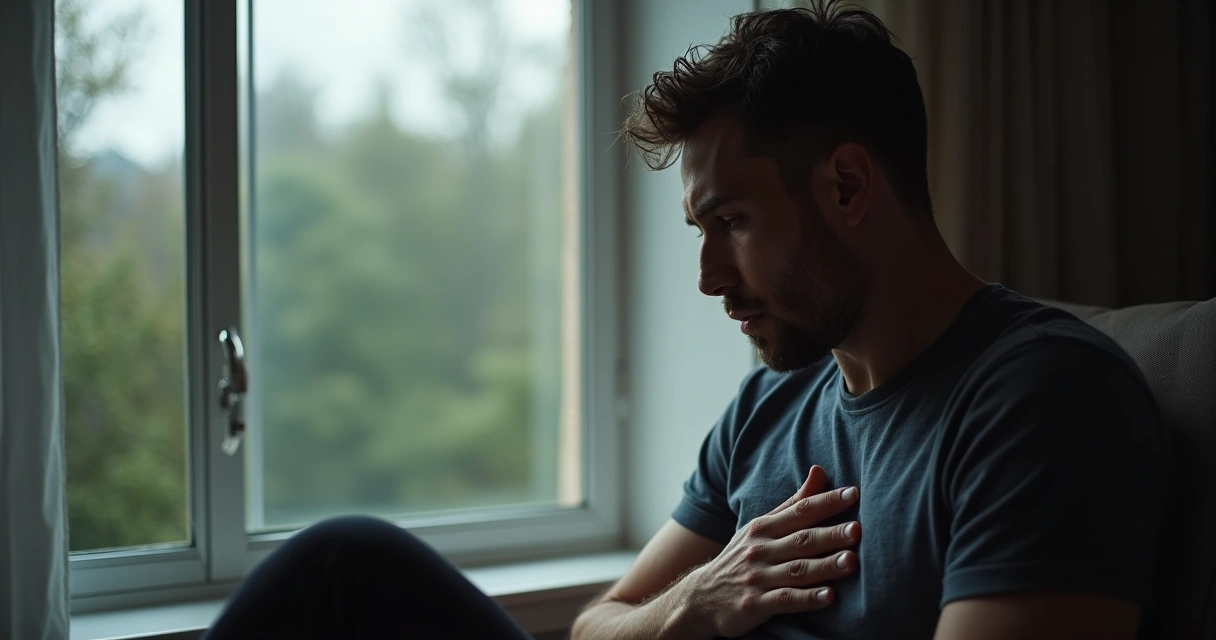 Persona sentada en silencio, mano en el pecho, reflejo pensativo en una ventana 