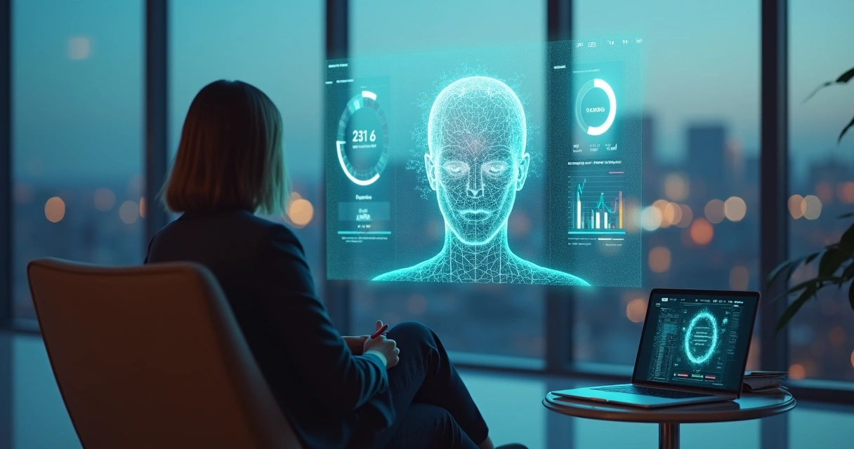 Profissional interage com avatar digital em tela holográfica representando apoio à saúde mental 