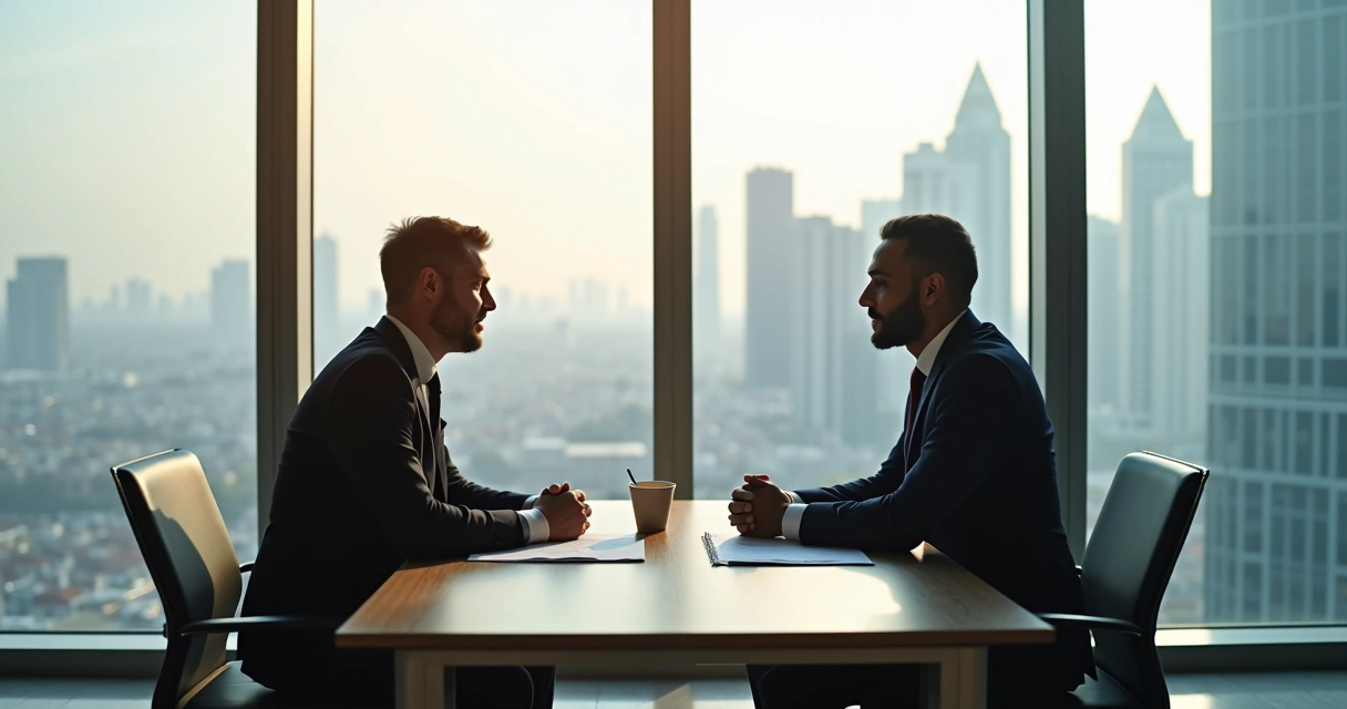 Business interview in a modern Doha office overlooking the city, employer and potential hire. 