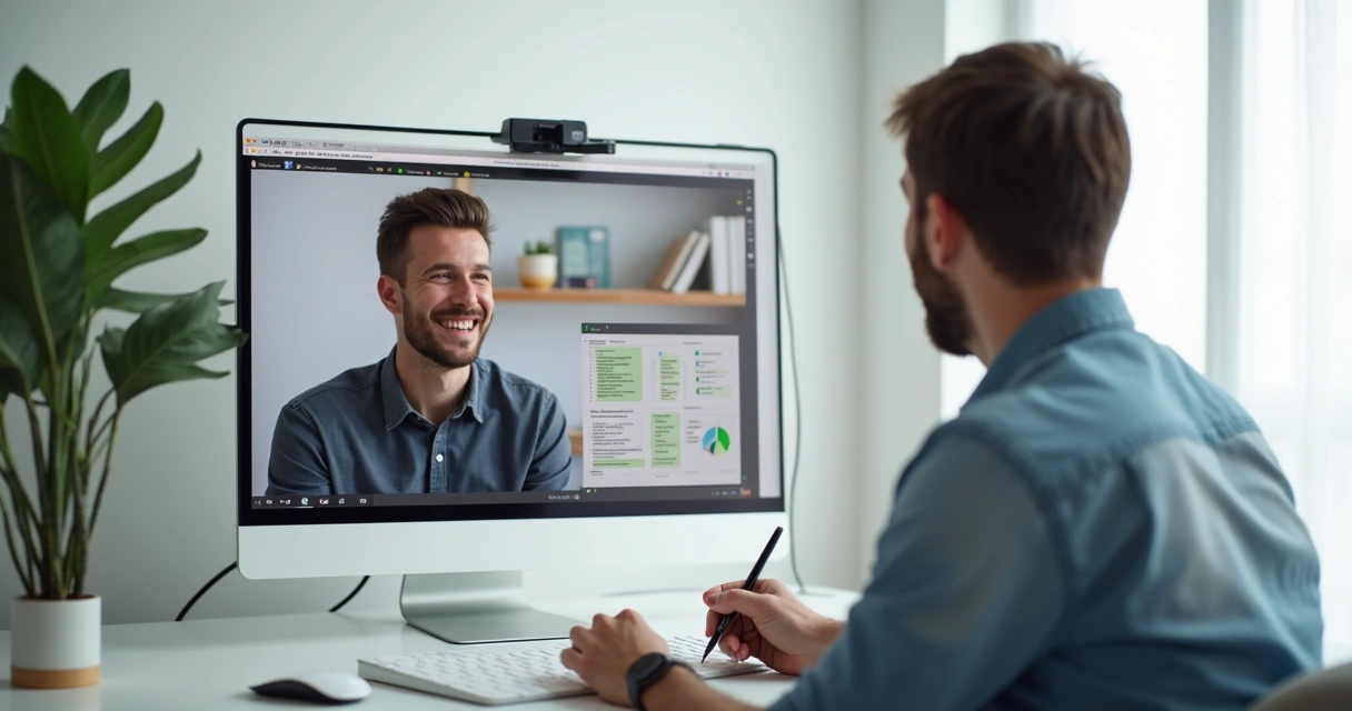 Remote video interview with notes and Node.js icons