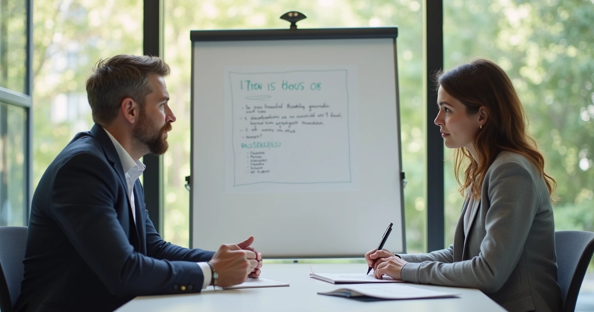 Candidate and interviewer in a meeting room discussing a technical scenario 