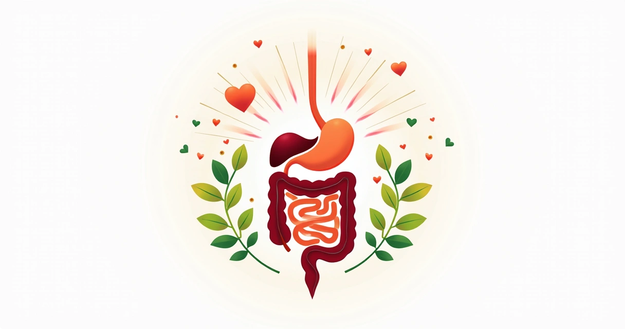 Ilustração do intestino humano com símbolos de saúde e energia 