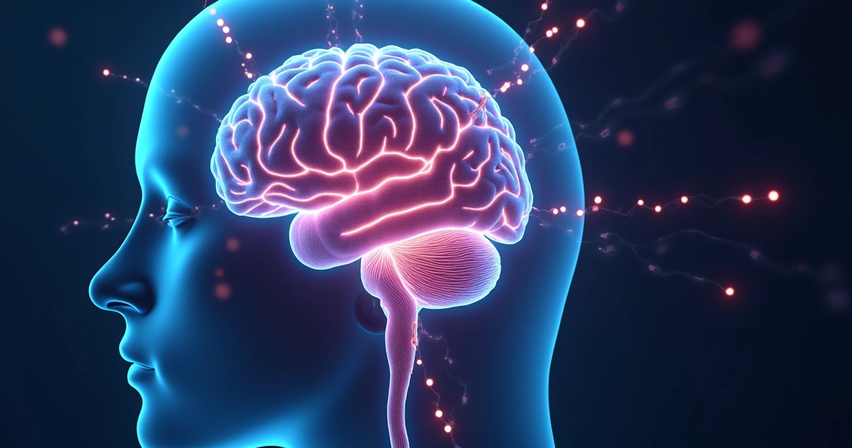 Representação ilustrativa do cérebro conectado ao intestino por linhas luminosas 