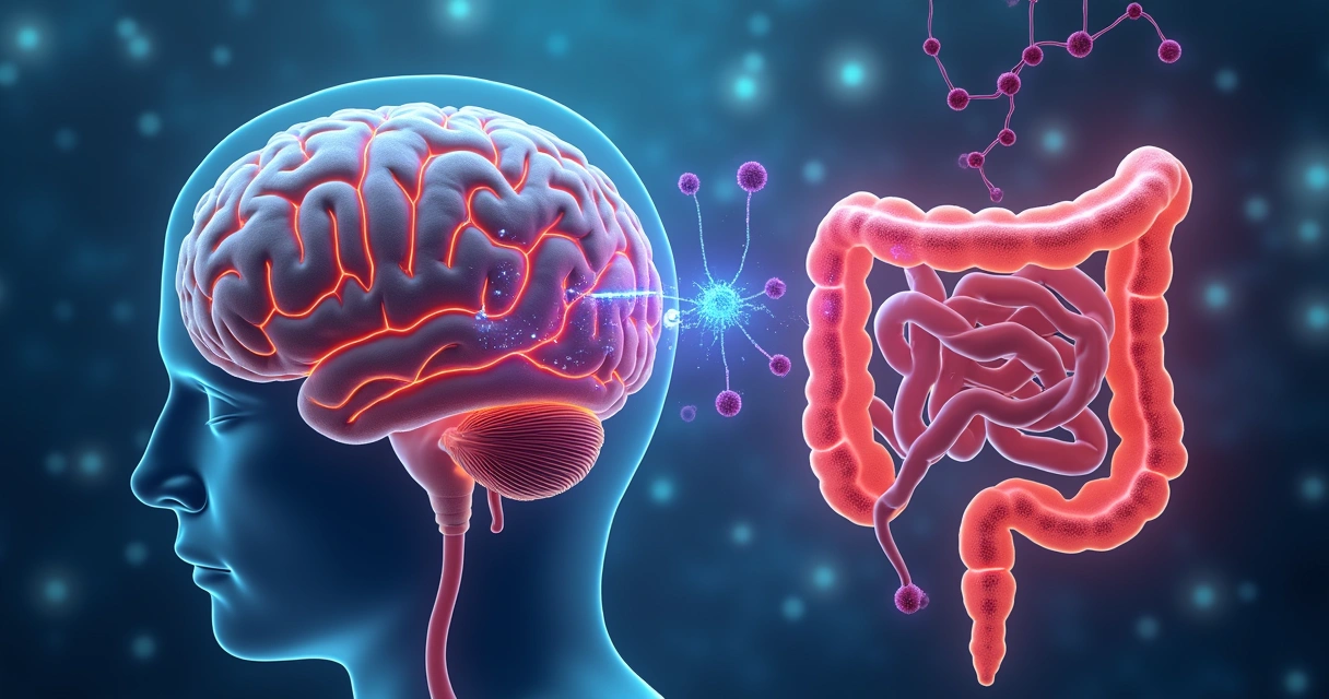Ilustração do intestino e cérebro conectados por sinais químicos 