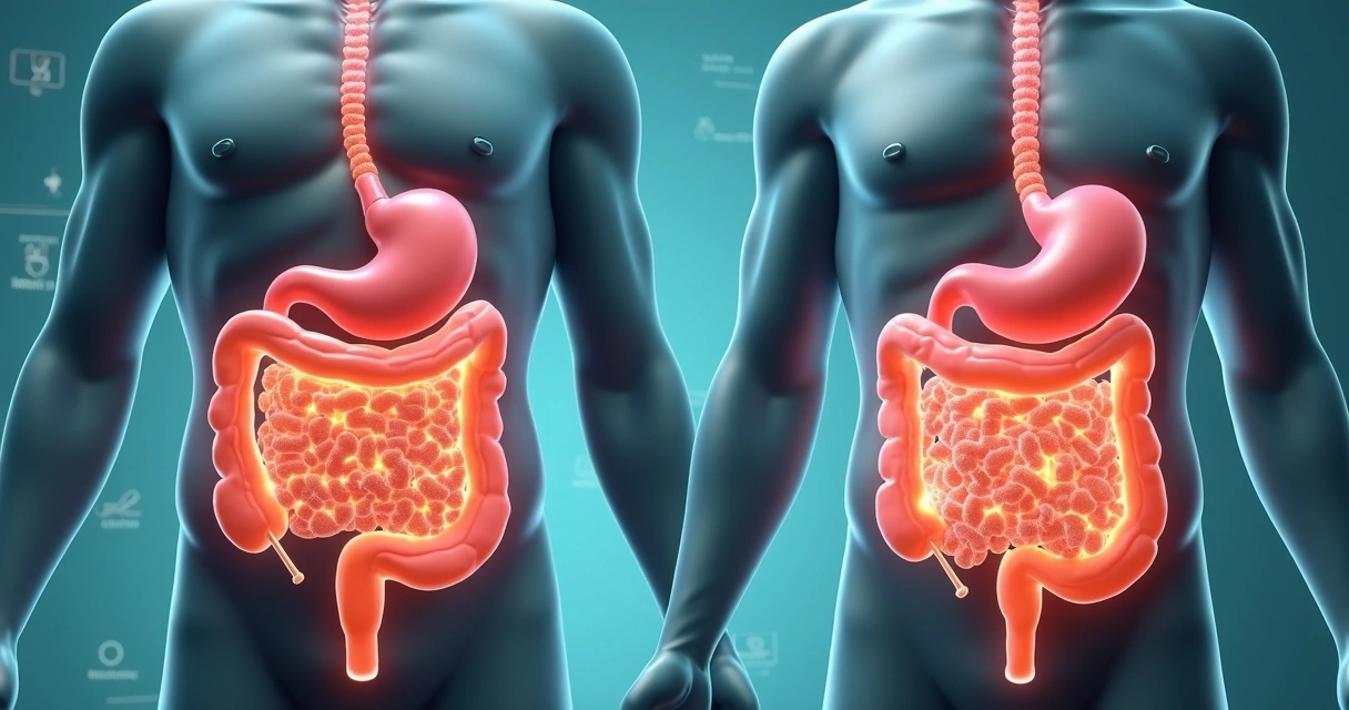 Ilustração detalhada do sistema digestivo mostrando intestino com áreas destacadas para intolerância e alergia à lactose 