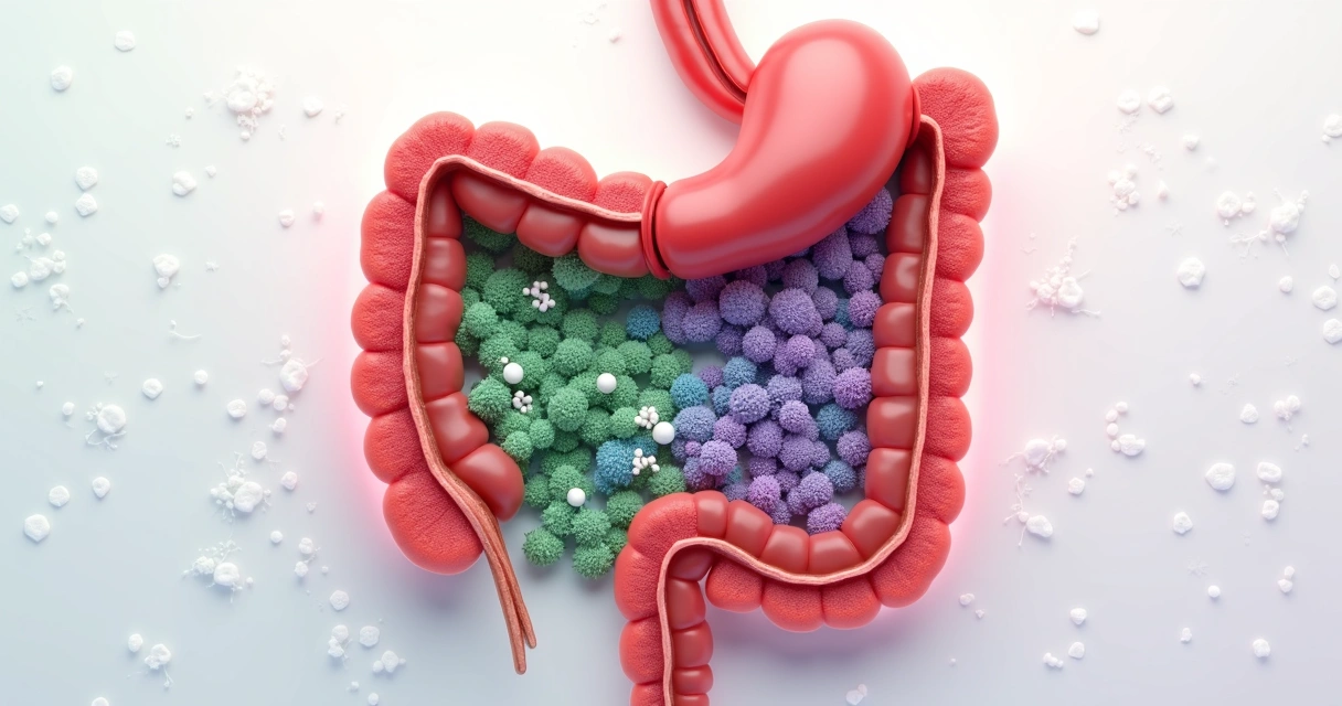 Ilustração realista de intestino humano com microbiota em desequilíbrio e lactose destacada 