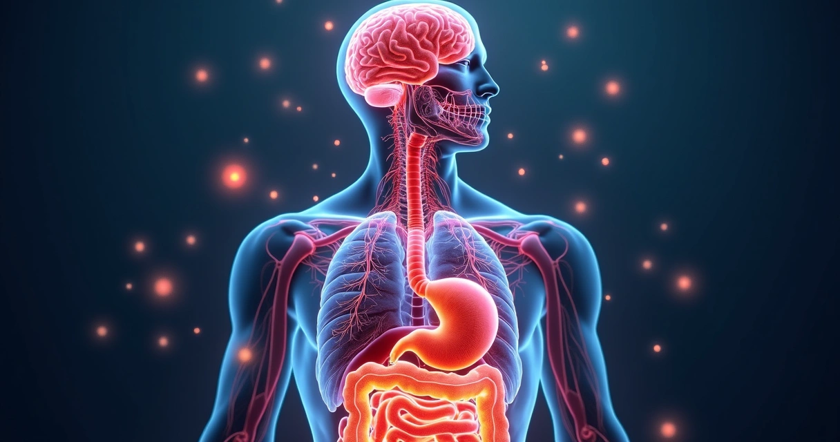 Representação do intestino e cérebro conectados por redes neurais coloridas 