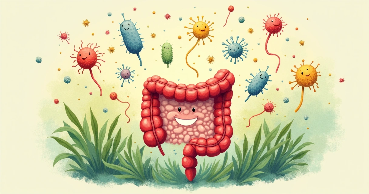 Ilustração mostrando um intestino sorridente cercado por bactérias benéficas e fibras 