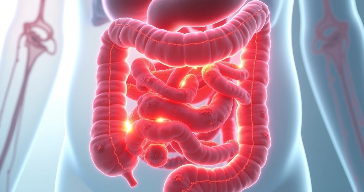 Representação colorida de intestino inflamado com áreas avermelhadas e células destacadas 