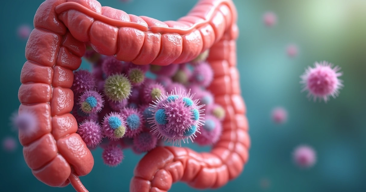 Representação realista do intestino humano com microbiota intestinal destacada para ilustrar saúde digestiva e intolerância à lactose 
