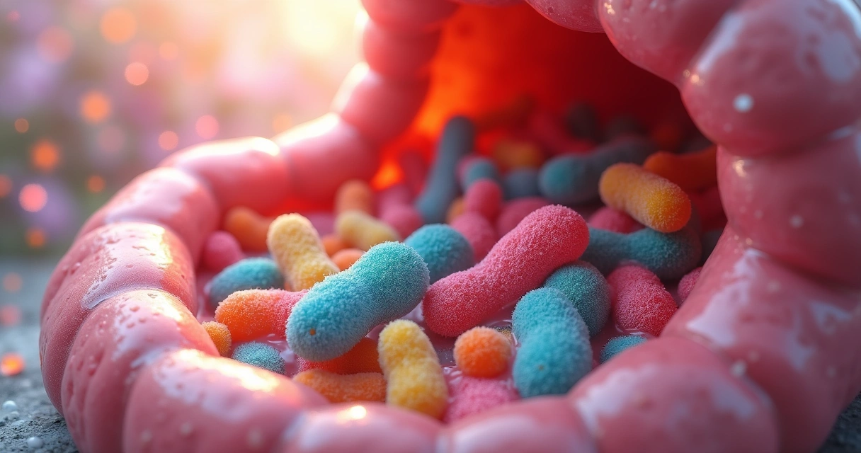 Vista artística mostrando a microbiota intestinal com bactérias benéficas reconhecíveis