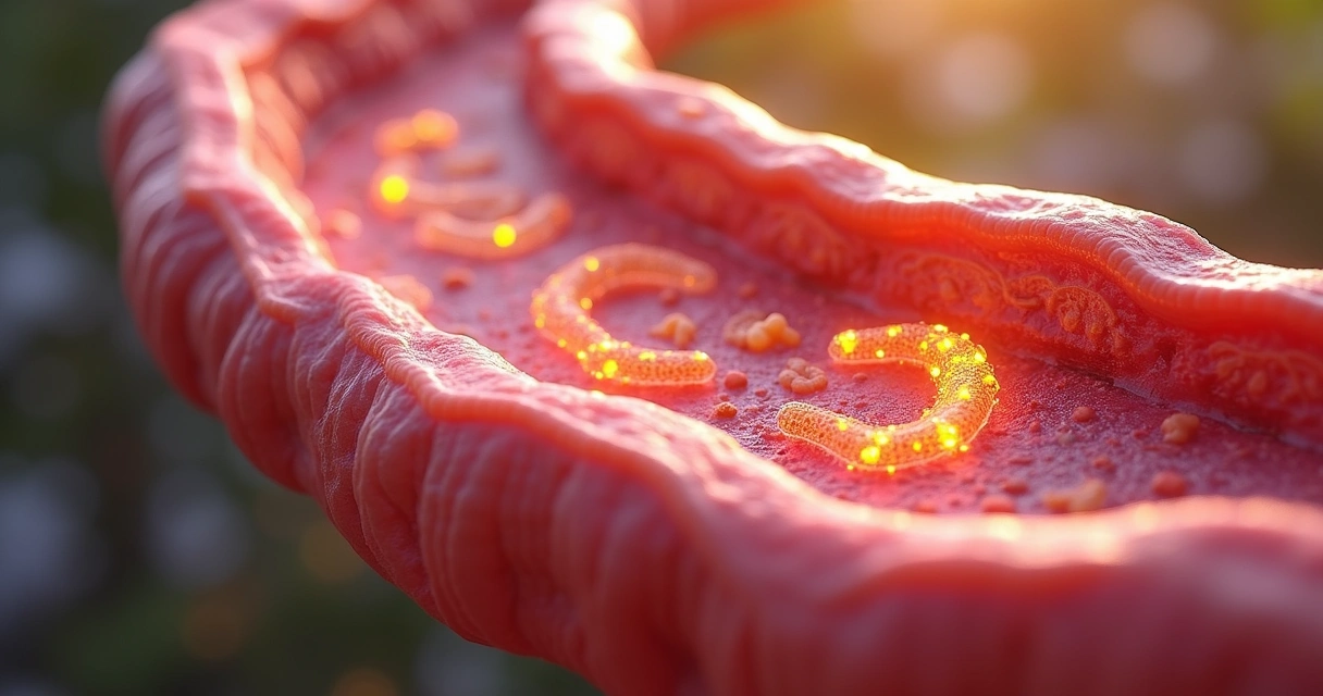 Representação detalhada do trato intestinal saudável com presença de bactérias benéficas e ícones relacionados à digestão da lactose 