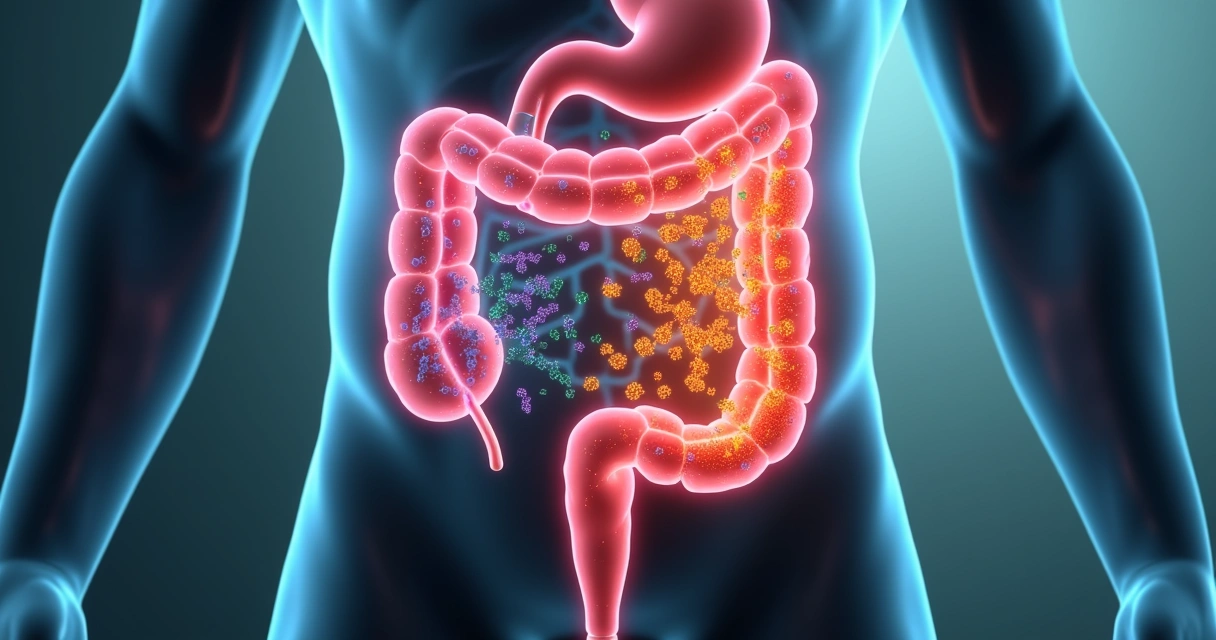 Ilustração realista do intestino humano com destaque para microbiota equilibrada e inflamada 