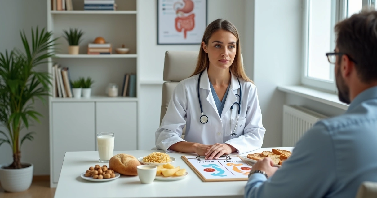 Médica explicando diferença entre intolerância e alergia alimentar com alimentos sobre a mesa 