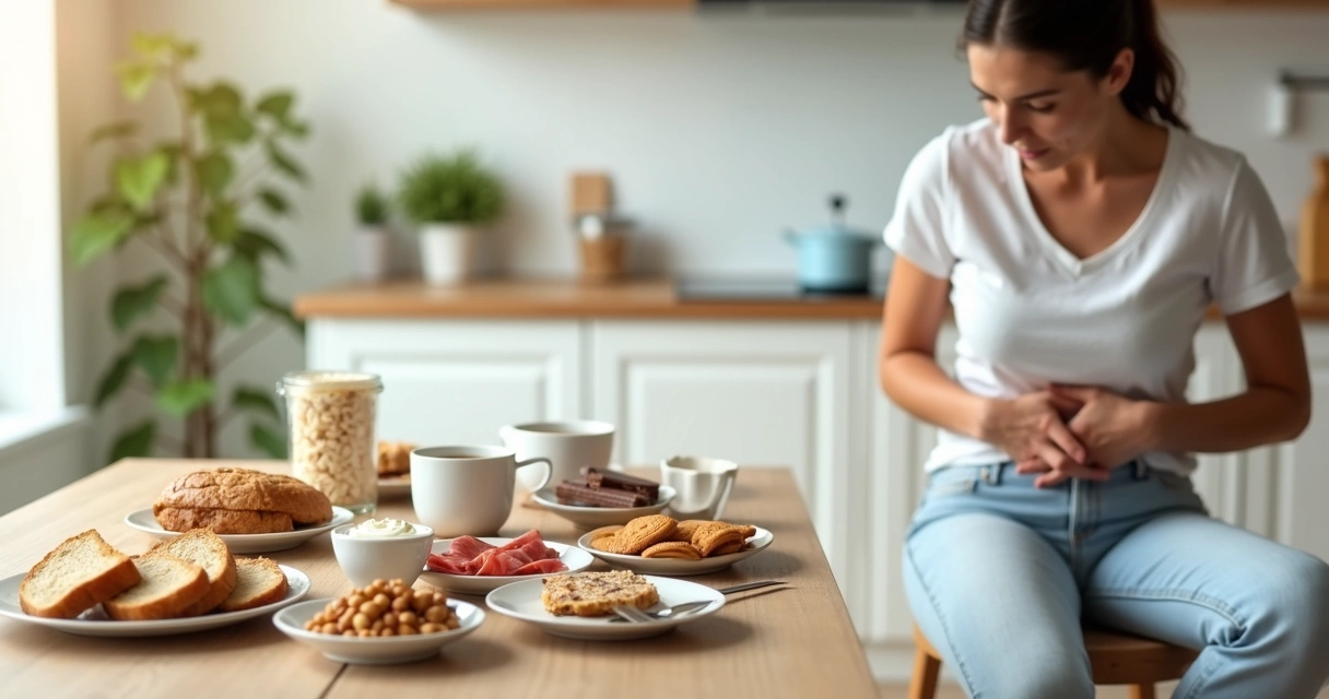 Mesa com alimentos comuns que contêm lactose oculta e mulher com desconforto abdominal 