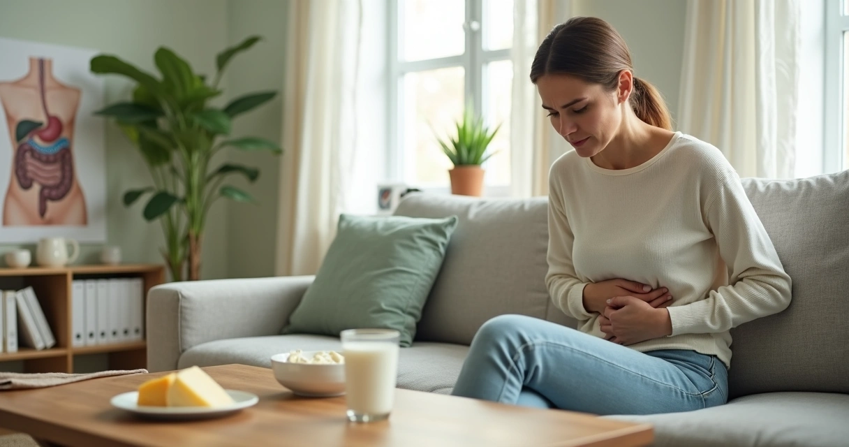 Mulher adulta com desconforto abdominal segurando um copo de leite no sofá 