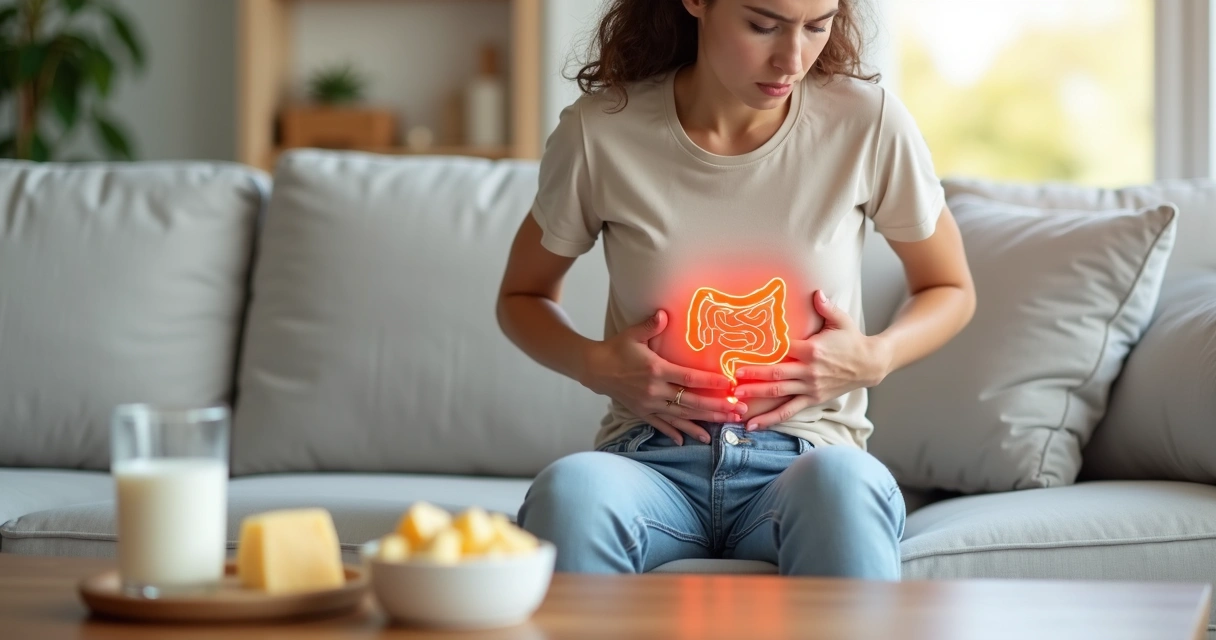 Mulher com dor abdominal segurando a barriga em destaque para o intestino 