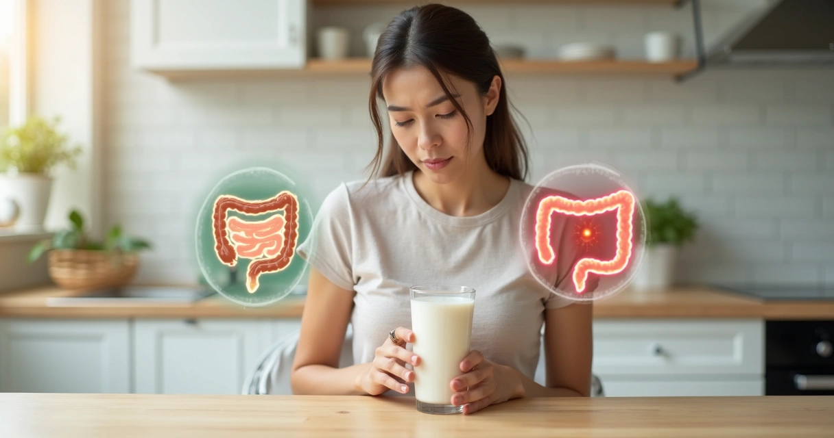 Mulher segurando copo de leite com desconforto abdominal e ilustração de intestino ao fundo 